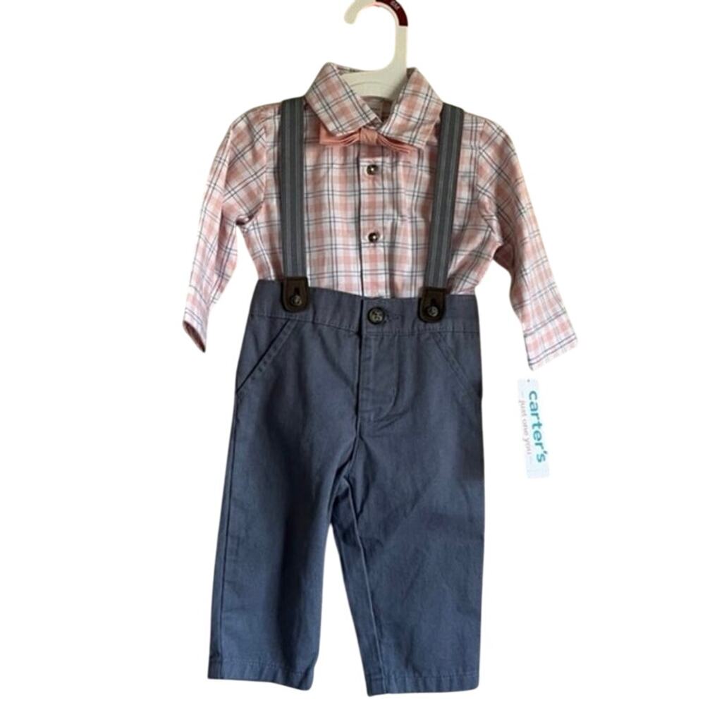 Carters Baby Boy 6M Outfit Plaid Shirt Gray Suspenders Pants Set NWT